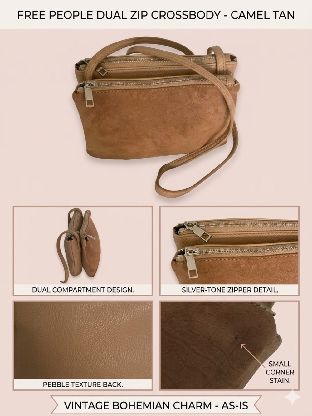 Free People Camel Tan Dual Zip Crossbody
